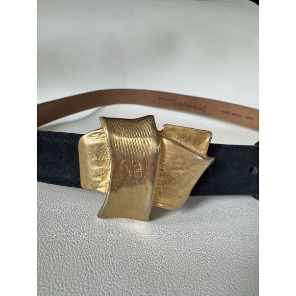 Vintage 90s Donna Karan Belt Italy Black Leather Suede Gold Buckle Luxury Large main image 12